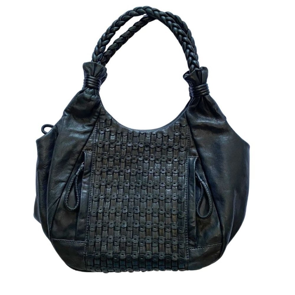 LOCKHEART BLACK BRAIDED LEATHER HANDLE TOTE BAG - OS